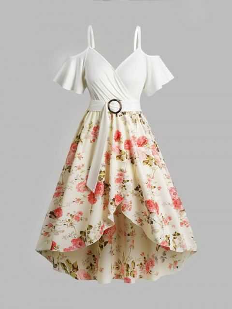 Plus Size Dress Leaf Flower Print Surplice Belted Cold Shoulder High Low Midi Dress
