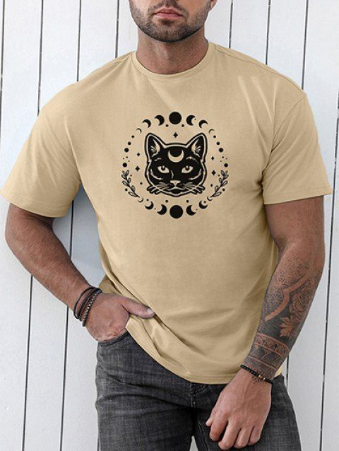 Moon Phase Cat Leaf Print T-shirt Short Sleeve Round Neck Casual Tee