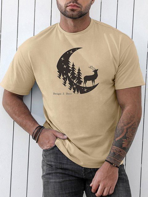 T-shirt Décontracté à Imprimé Graphique Lune Cerf et Forêt à Manches Courtes à Col Rond