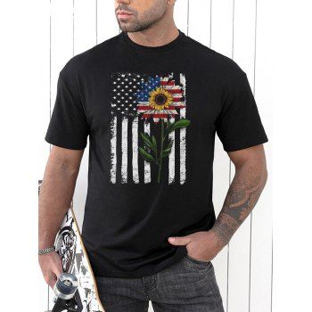 

Sunflower American Flag Print T Shirt Short Sleeve Round Neck Casual Tee, Black