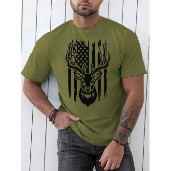 

Star Striped Elk Print T Shirt Round Neck Short Sleeve Casual Tee, Army green