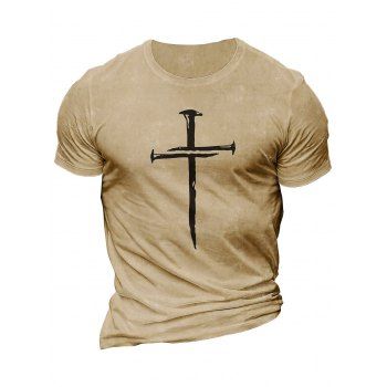 

Cross Pattern T Shirt Short Sleeve Round Neck Casual Tee, Light coffee