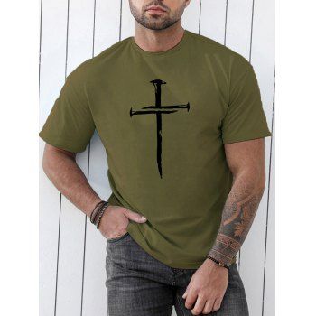 

Cross Pattern T Shirt Short Sleeve Round Neck Casual Tee, Army green