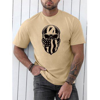 

Patriotic T Shirt Star Striped Skull Print Round Neck Short Sleeve Casual Tee, Light coffee