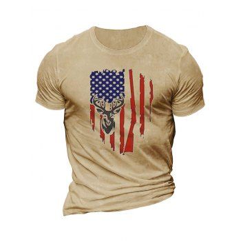 

American Flag Deer Print T-shirt Casual Short Sleeve Round Neck Tee, Light coffee