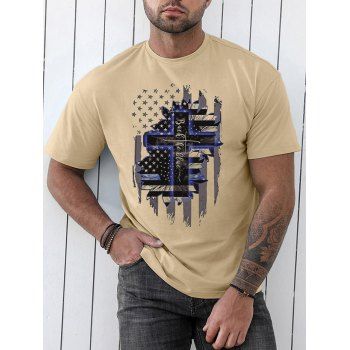 

American Flag Cross Letter Print Graphic T-shirt Short Sleeve Round Neck Casual Tee, Light coffee
