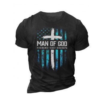 

Slogan American Flag Cross Print Graphic T-shirt Round Neck Short Sleeve Casual Tee, Black