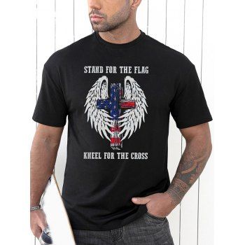 

American Flag Cross Slogan Print Graphic T-shirt Short Sleeve Casual Round Neck Tee, Black