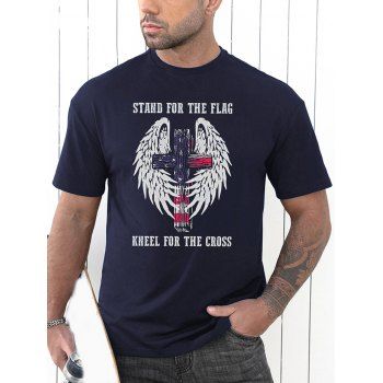 

American Flag Cross Slogan Print Graphic T-shirt Short Sleeve Casual Round Neck Tee, Cadetblue