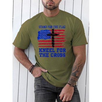 

American Flag Cross Slogan Print Graphic T-shirt Short Sleeve Round Neck Casual Tee, Army green