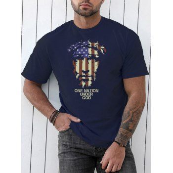 

American Flag Figure Slogan Print Graphic T-shirt Short Sleeve Round Neck Casual Tee, Cadetblue