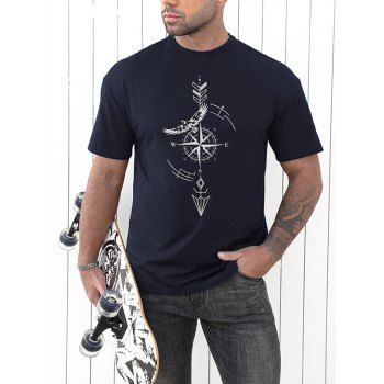 

Compass Arrow Bird Print T-shirt Round Neck Short Sleeve Casual Tee, Cadetblue