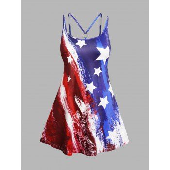 

Plus Size Mini Dress Colorblock Star Striped Print O Ring Sleeveless A Line Patriotic Dress, Multicolor a