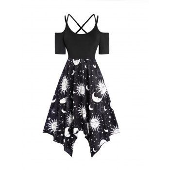 

Celestial Sun Moon Star Print Asymmetric Dress Cold Shoulder Crisscross Adjustable Straps Midi Dress, Black