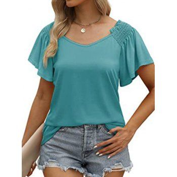 

Ruffles Shirred Short Sleeve T-shirt Solid Color V Neck Tee, Green