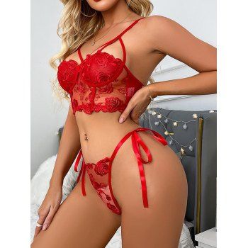 

See Thru Lace Lingeries Set Embroidery Rose Cut Out Adjustable Strap And Tied T Back Set, Red