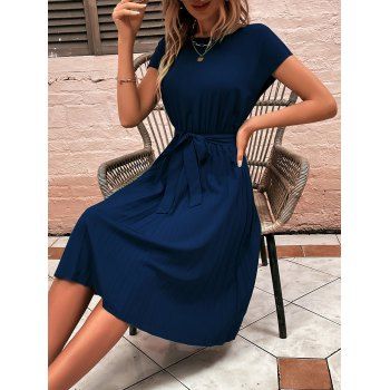 

Solid Color Pleated Dress Belted Elastic Waist Short Sleeve Midi Dress, Deep blue