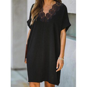 

Hollow Out Butterfly Mini Dress Solid Color Lace Trim Straight Short Sleeve Dress, Black