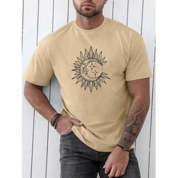 

Sun Moon Star Print T Shirt Round Neck Short Sleeve Casual Tee, Light coffee