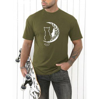 

Cute Cat Moon Print T Shirt Short Sleeve Round Neck Casual Tee, Army green