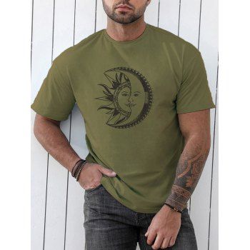 

Sun Moon Print T Shirt Short Sleeve Round Neck Casual Tee, Army green