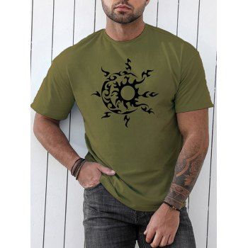 

Sun Moon Print T Shirt Round Neck Short Sleeve Casual Tee, Army green