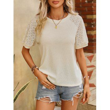 

Hollow Out Raglan Sleeve Textured T-shirt Solid Color Round Neck Tee, Light yellow