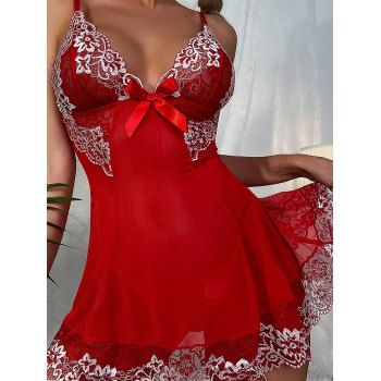 

Lace Lingeries Set Contrasting Embroidery Flower Scalloped Bowknot See Thru Lingerie Top And T Back Set, Red