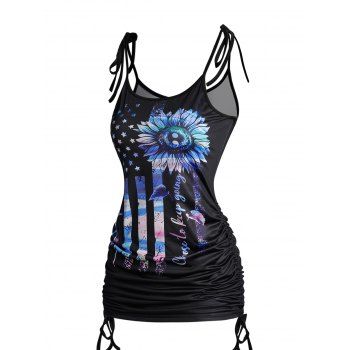 

Colored Striped Flower Star Letter Print Tank Top Tied Shoulder Cinched Ruched Long Tank Top, Black