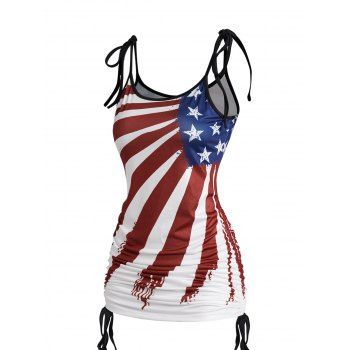 

Patriotic Tank Top Tied Shoulder Striped Star Print Cinched Ruched Long Tank Top, White