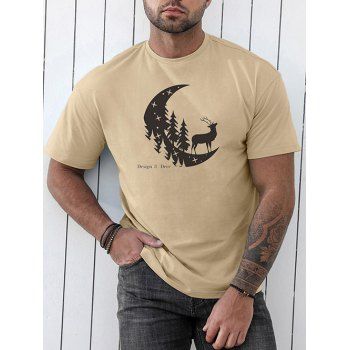 

Moon Deer Forest Print Graphic T-shirt Casual Round Neck Short Sleeve Tee, Light coffee