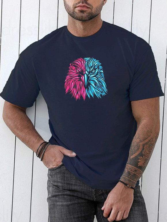 T-Shirt Décontracté Bicolore à Manches Courtes et à Col Rond à Imprimé D'Aigle - Cadetblue XXXL