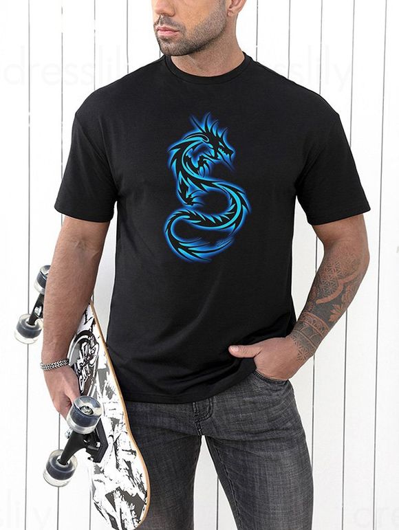 T-shirt Décontracté à Imprimé Dragon à Manches Courtes à Col Rond - Noir XXXL