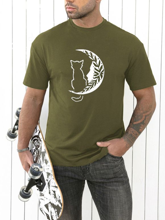T-shirt Décontracté à Imprimé Chat Mignon et Lune Manches Courtes à Col Rond - Vert Armée XXXL