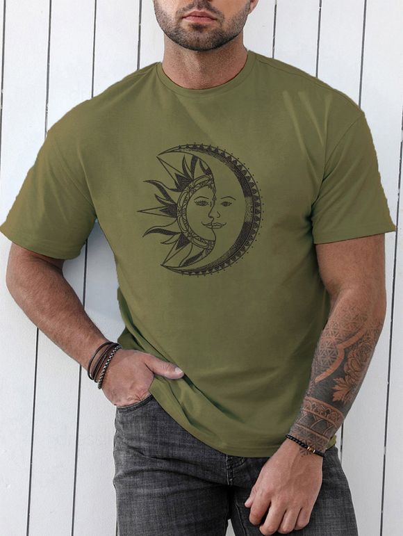T-shirt Décontracté à Imprimé Lune et Soleil Manches Courtes à Col Rond - Vert Armée XXXL
