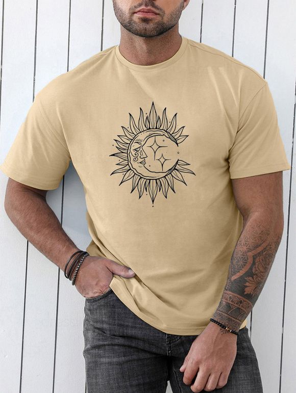 T-shirt Décontracté à Imprimé Etoile Lune et Soleil Manches Courtes à Col Rond - café lumière XXXL