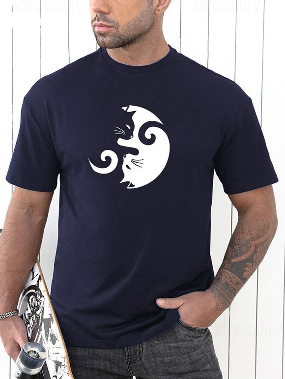 T-shirt Décontracté Motif de Chat en Deux Couleurs Manches Courtes à Col Rond - Cadetblue XXXL