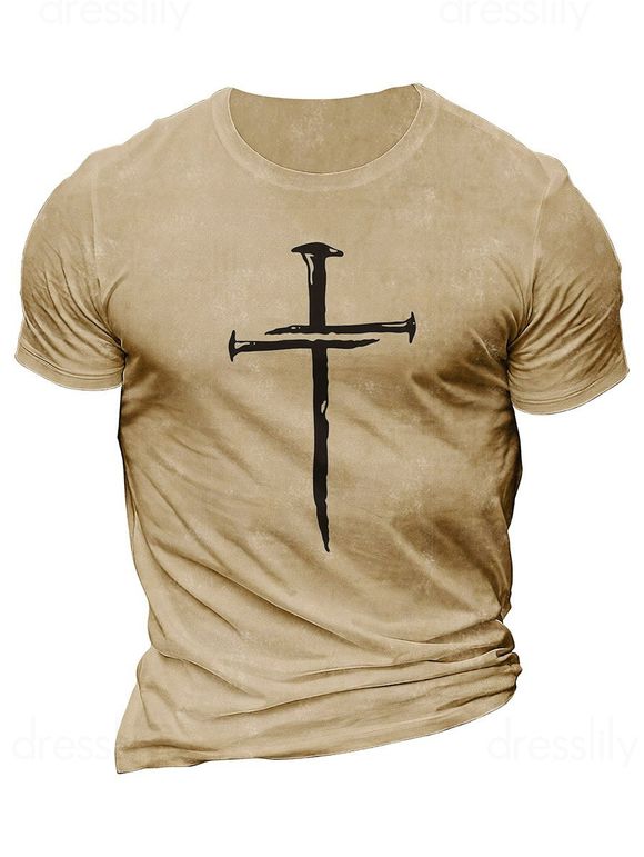T-shirt Décontracté Motif de Croix à Manches Courtes à Col Rond - café lumière XXL