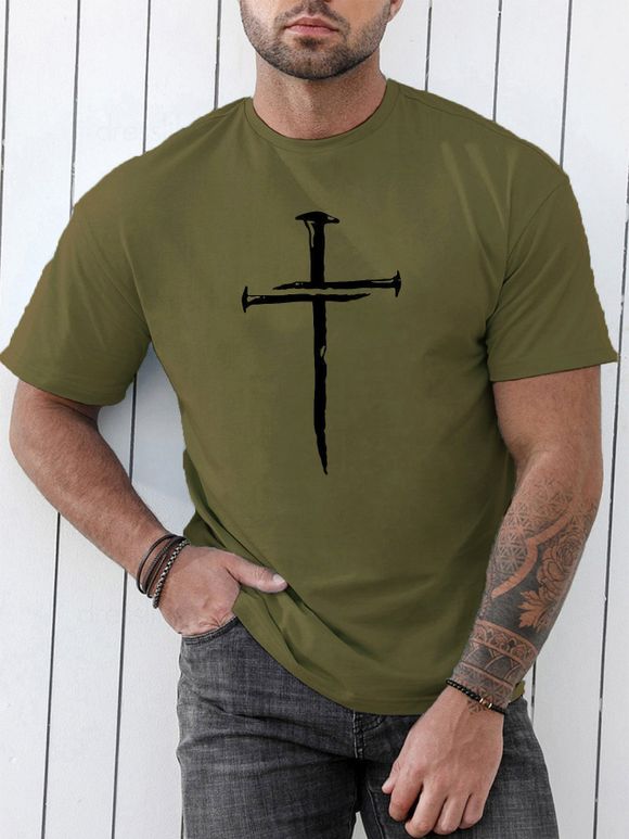 T-shirt Décontracté Motif de Croix à Manches Courtes à Col Rond - Vert Armée XXXL