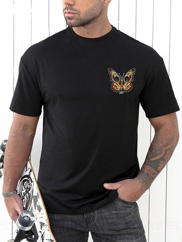 T-shirt Décontracté à Imprimé Papillon à Manches Courtes à Col Rond - Noir XXXL