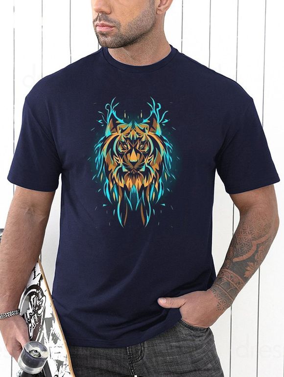 T-shirt Décontracté Motif de Lion à Manches Courtes à Col Rond - Cadetblue XXXL