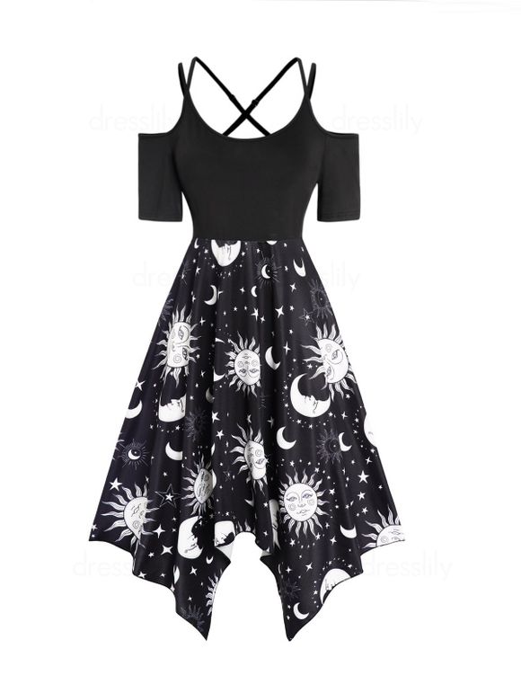 Celestial Sun Moon Star Print Asymmetric Dress Cold Shoulder Crisscross Adjustable Straps Midi Dress - BLACK S