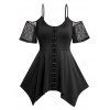 Plus Size Crisscross Cold Shoulder Lace Panel Asymmetrical Hem T Shirt And Lace Up Eyelet Capri Leggings Casual Outfit - BLACK L