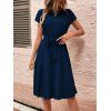 Solid Color Pleated Dress Belted Elastic Waist Short Sleeve Midi Dress - DEEP BLUE XL