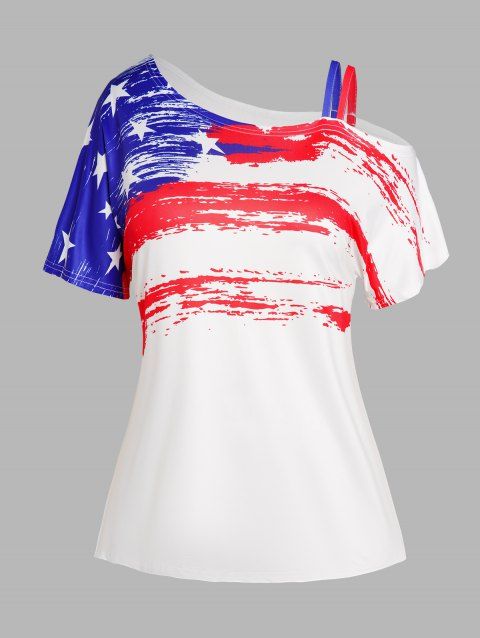 T-shirt Patriotique à Imprimé Drapeau Américain Rayé de Grande Taille à Col Oblique