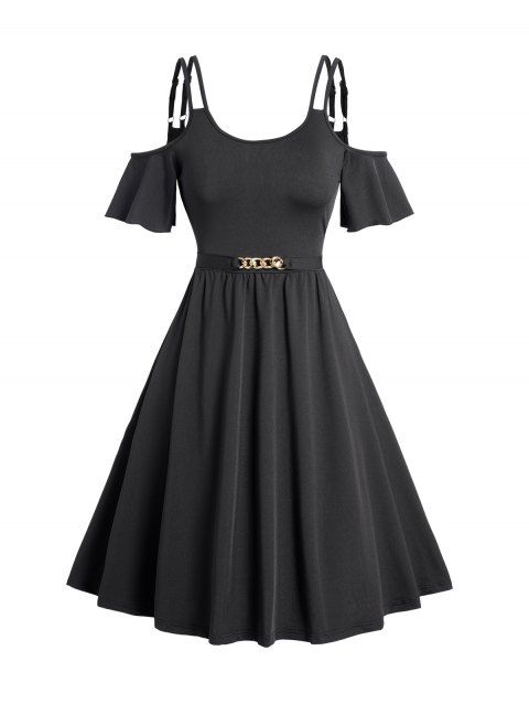 Cold Shoulder Short Sleeve Dress Dual Strap Metal Chain Detail Casual Dress