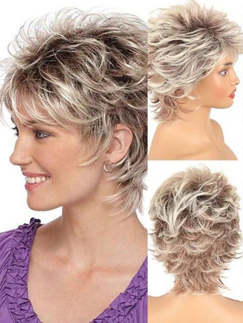Short Sleeve Side Bang Ombre Layered Natural Straight Capless Synthetic Wig