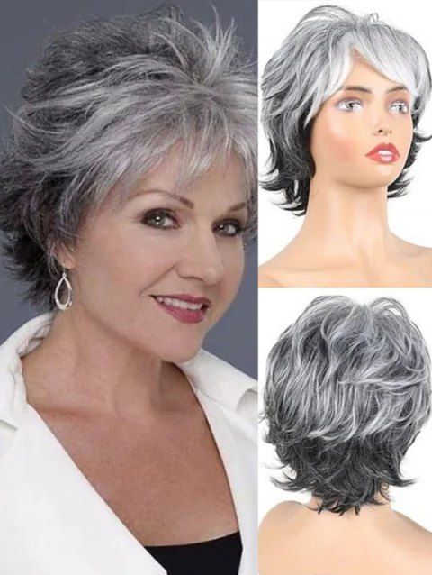 Short Side Bang Layered Ombre Natural Straight Capless Synthetic Wig