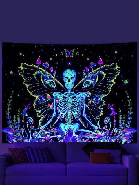 Butterfly Mushroom Skeleton Print Tapestry Hanging Wall Home Decor
