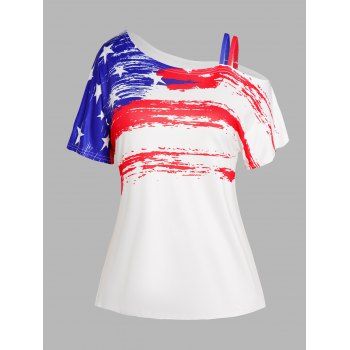 

Plus Size T Shirt Star Striped Print Skew Neck Patriotic Tee, White